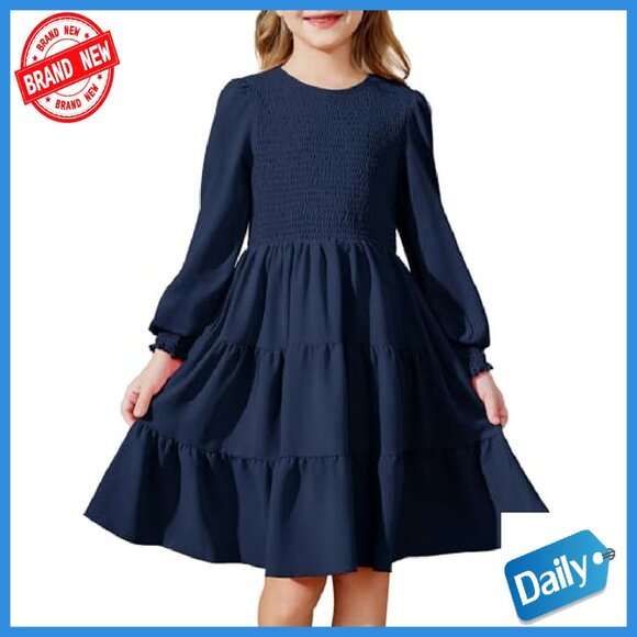 Girls Long Sleeve Boho Party Dress with Pockets Tiered Smocked - Picture 2 of 8